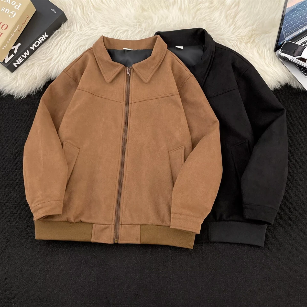 

American Retro Brown Leather Jaet Men's Spring Autumn ort Baseball Sle Suede Velvet Coat Youthful Trendy Faionable