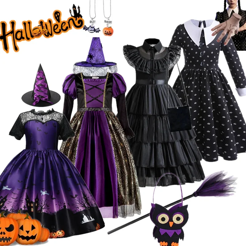 2024 Halloween Witch Costume for Kids Girls Wednesday Disguise Mesh Dress Vampire Cosplay Clothes Fancy Carnival Easter Dress Up