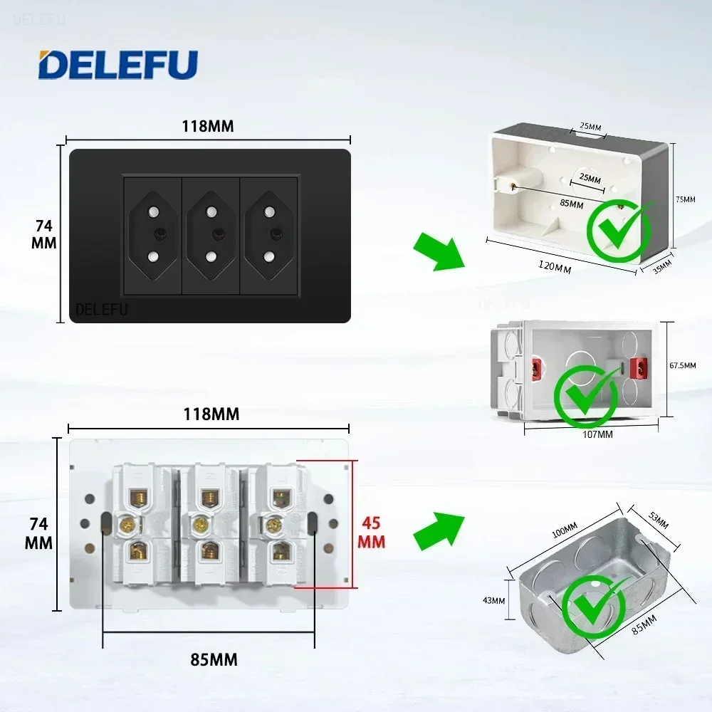 DELEFU PC Panel Fireproof Double USB Type C Charge Brazil Standard Outlet Black Wall Power Light Switch Electrical Plug  10A 20A
