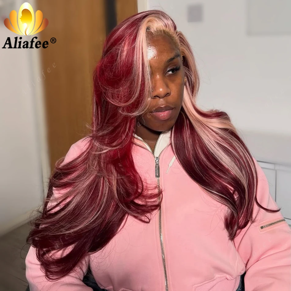 

Bright Burgundy Highlight Light Pink Body Wave Human Hair Wig 13x6 Transparent Lace Frontal Pre Plucked Remy Hair Wigs For Women