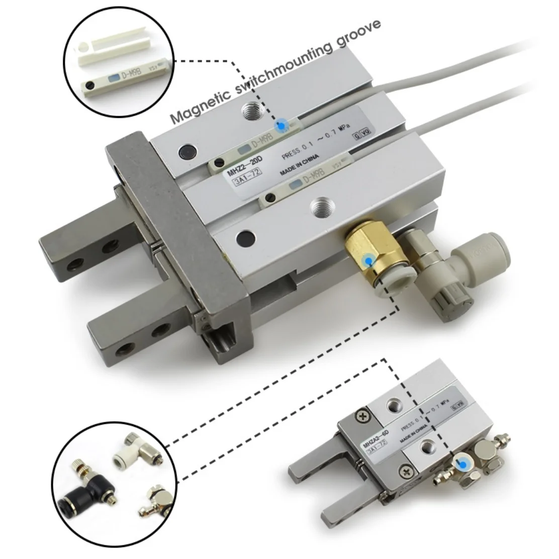 Air Cylinder Type MHZ2-10D MHZ2-40D Aluminum Body Double/Single Acting Pneumatic Finger Filtered Clean Compressed