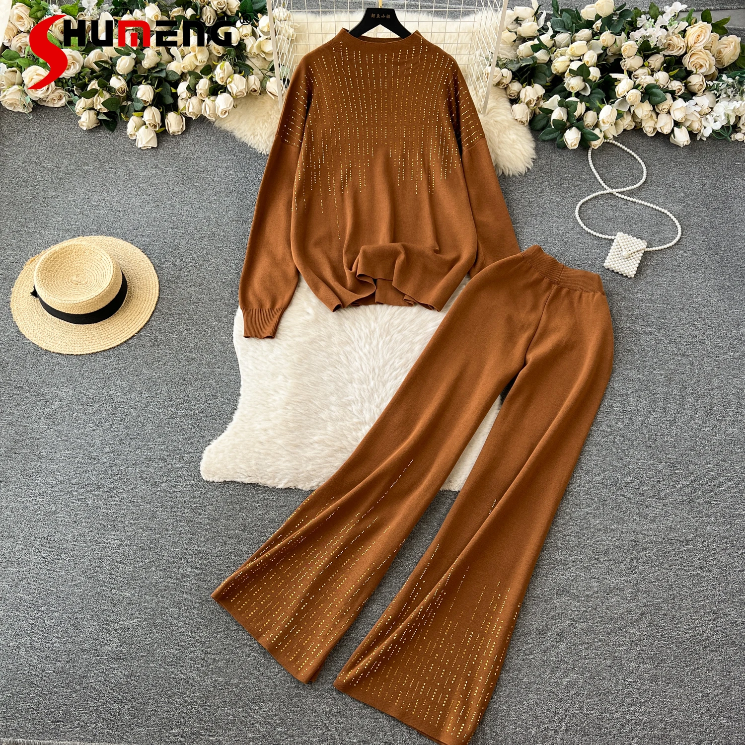 

French Entry Lux High-Grade Knitted Woman Fashion Suit Autumn Winter Loose Tops+ High Waist Drooping Long Pants Two Piece Set