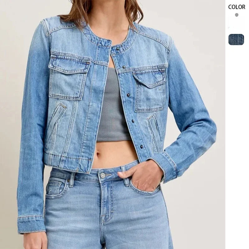 

Slim Fit Vintage Workwear Denim Jacket with Multiple Pockets Long Sleeve Short Style Women's Spring New Arrival Coat