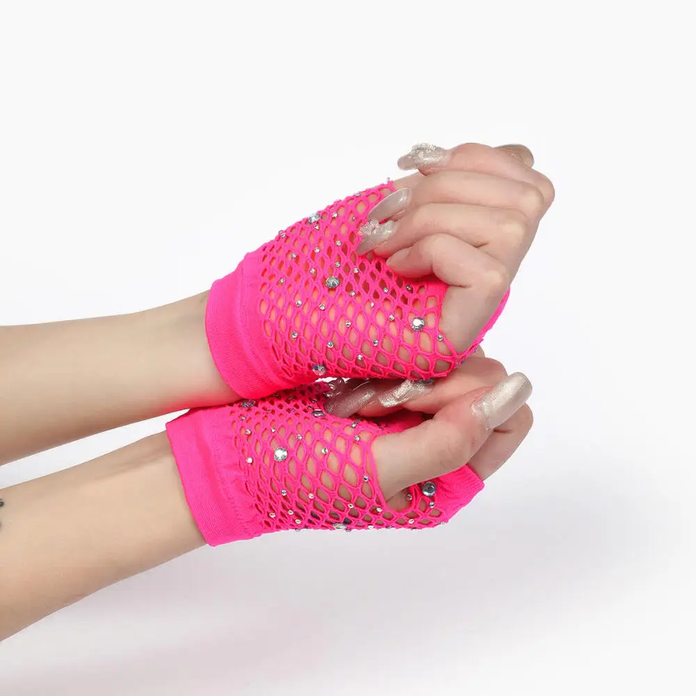 

Woman Short Faux Diamond Inlaid Gloves Girl Half Finger Summer Fishing Net Hollow Gloves Sexy Mesh Gloves