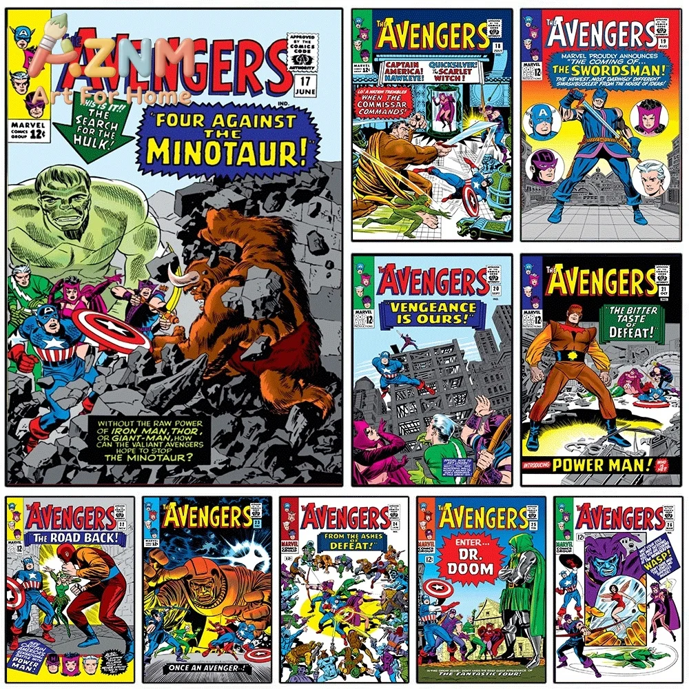 AZNM The Avengers #17 Four Against The Minotaur Comic Canvas Wall Art No Frame Vintage Superhero Print Poster Home Wall Decor