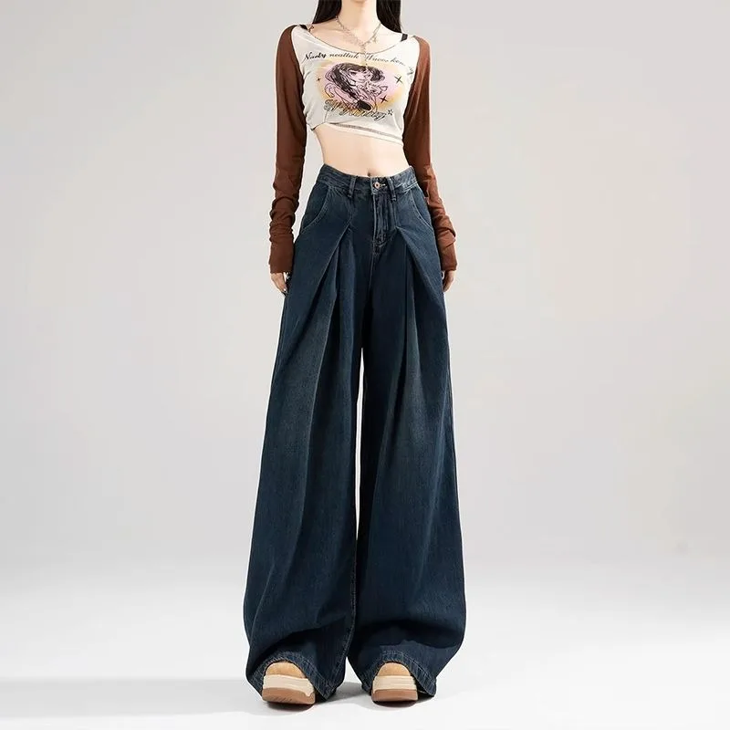 

Широкие джинсы в стиле ретро для женщин, весенний новый стиль, широкие брюки с высокой талией для похудения, свободные плиссированные брюки длиной до пола, женская одежда