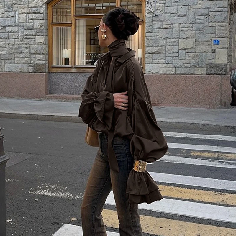 

Office Lady Single Breasted Blouses Solid Color Casual Summer New Scarf Flare Sleeve Women's Shirt Loose Lapel Satin