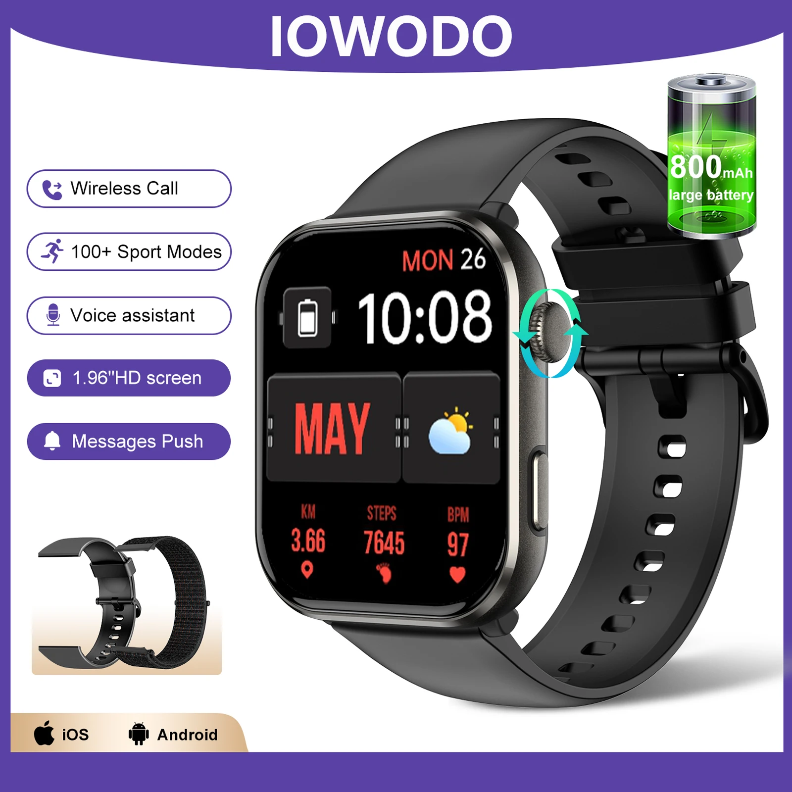2025 IOWODO R60 ساعة ذكية 1.96 بوصة HD AMOLED عرض اللياقة البدنية ساعة مراقبة الصحة بلوتوث دعوة ساعة ذكية للنساء الرجال