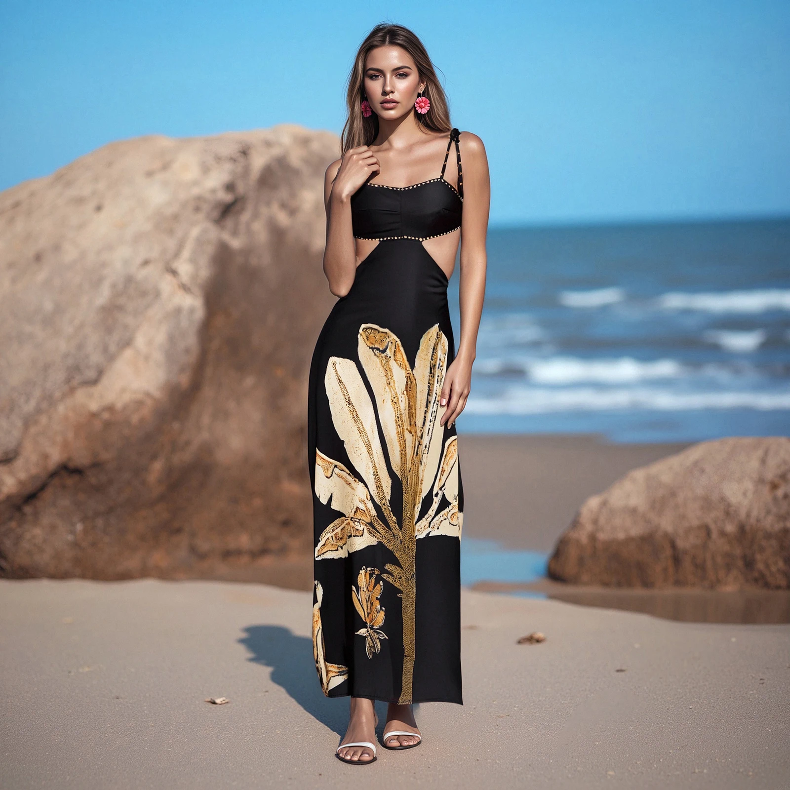 2025 verão sexy boêmio suspender floral impressão vestido longo feminino sem mangas gravata ombro recorte fino ajuste vestidos