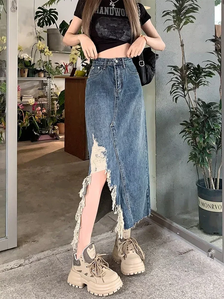 

Oversized Women Irregularity Denim Skirts Fashion Design High Waist Slit Ripped Hole Long A-line Jean Skirts