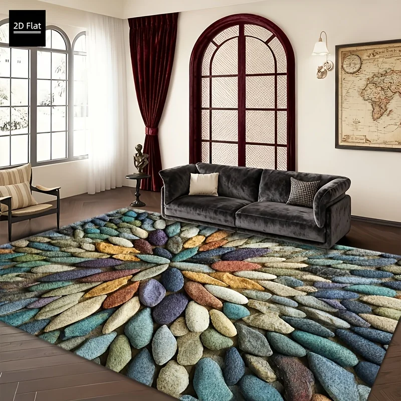 Polished Agate Stone Pebble Kitchen Entryway Small Area Rug, Colorful Gemstone Texture Non-slip Doormat for Hallway Laundry Room