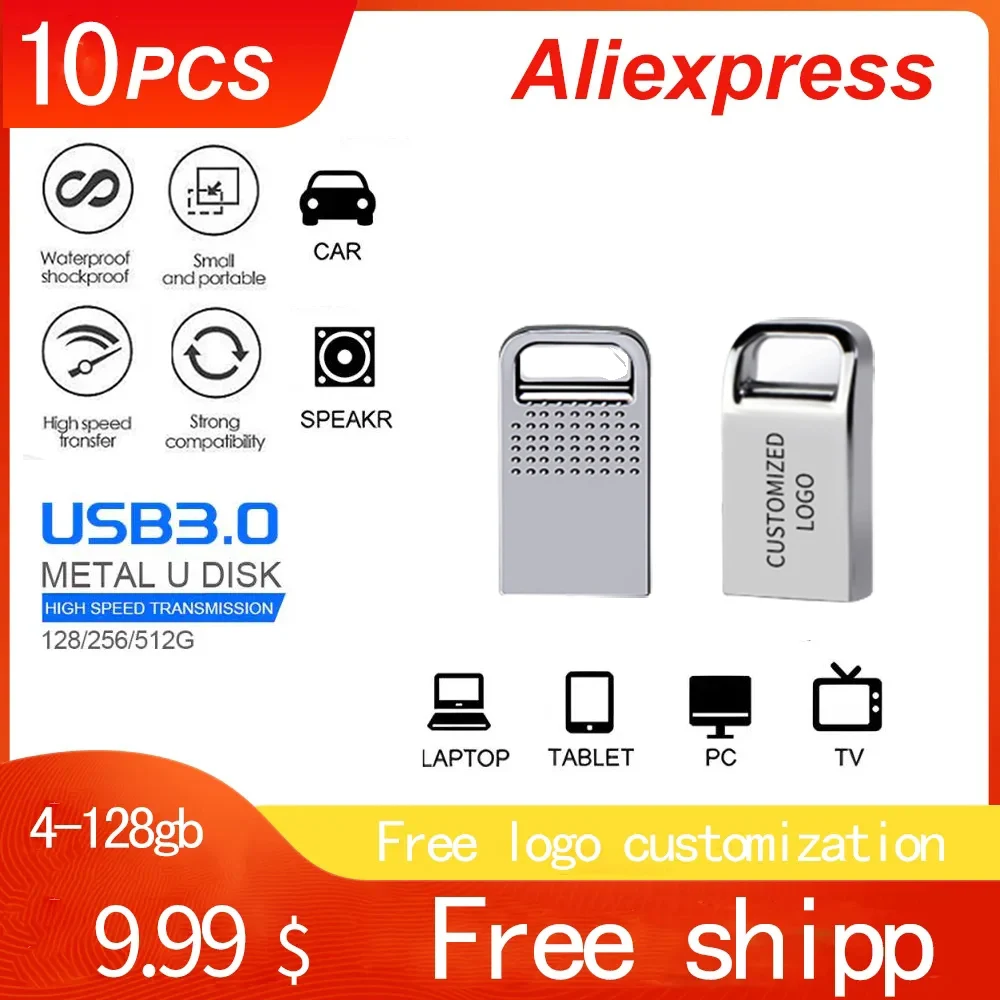 Waterproof Metal USB Flash Drive, Disco U, Logotipo Livre, Memory Stick de Alta Velocidade, 4GB, 16GB, 32GB, 64GB, Atacado, 10Pcs