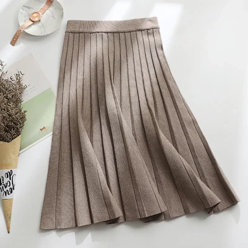 

Elegant Fashion Solid Color Knit Pleated Autumn Winter A-Line Trend All-match Elastic High Waist Skirts Women's Clothing B09