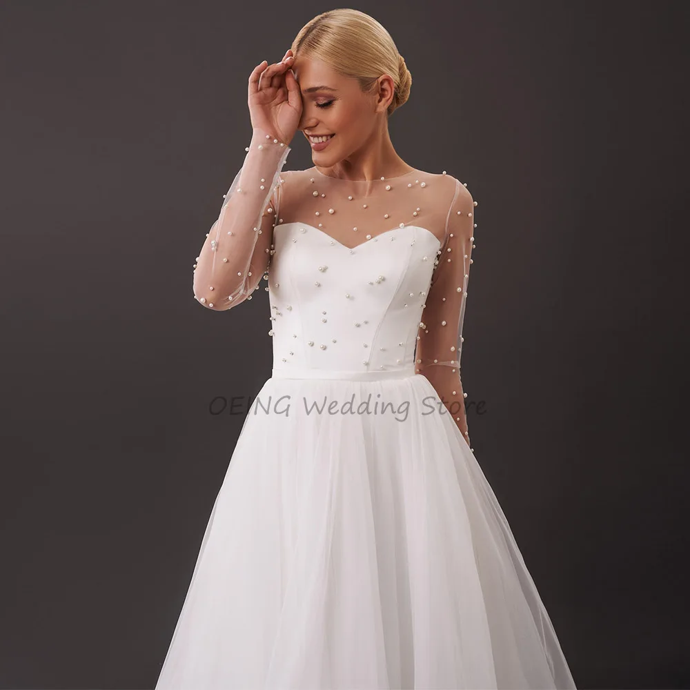 Abito da sposa 2023 perle O collo Illusion lunghezza del tè abito da sposa corto Tulle bianco una linea semplice abito da sposa Midi maniche lunghe