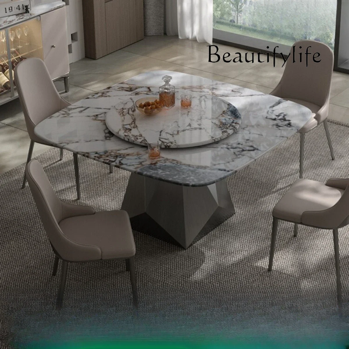

Rock slab dining tablewith turntable designer stainless steel large flat family large apartment Italian light luxury