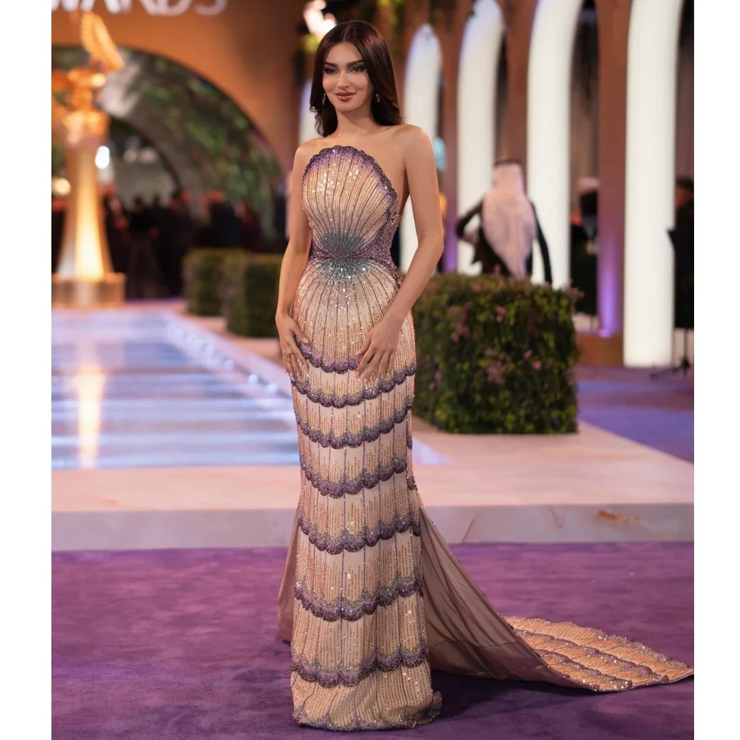 

Exquisite Evening Dresses Strapless Sequined Luxury Prom Dress Sweep Train Party Gown Gala Vestidos Customized