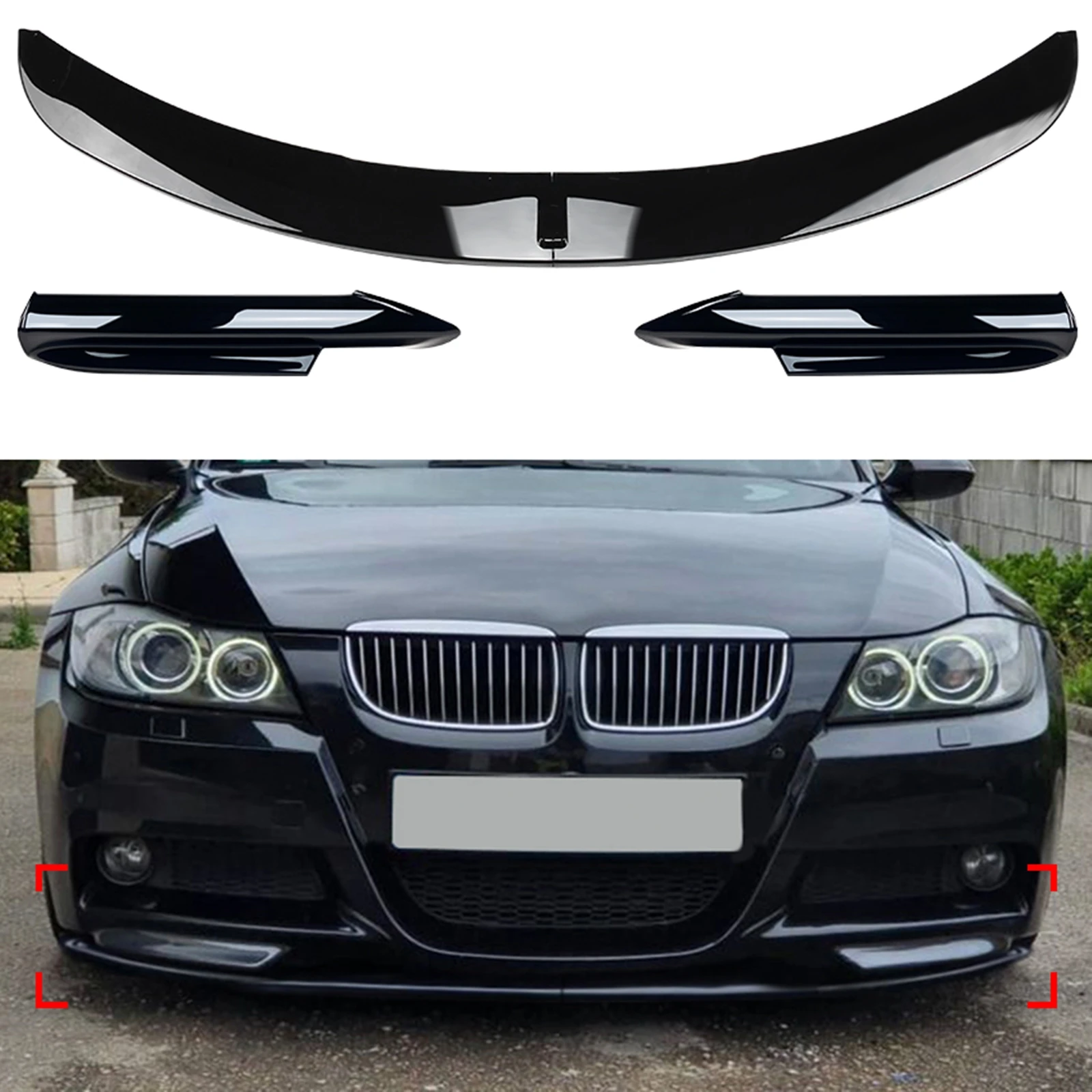 For BMW 3 Series E90 E91 M-Tech Pre-LCI 2005-2008 Gloss Black/Carbon Fiber Look Front Bumper Spoiler Lip+Side Splitter Cover Kit