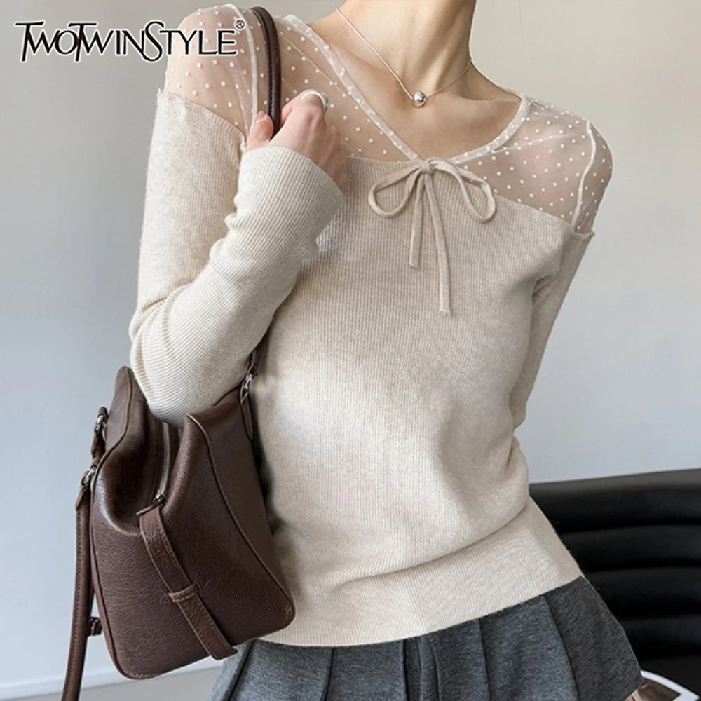 TWOTWINSTYLE Solid Spliced Lace Up T Shirt Female V Neck Long Sleeve Slimming Gentle Elegant Women's T Shirts Autumn Fashion New