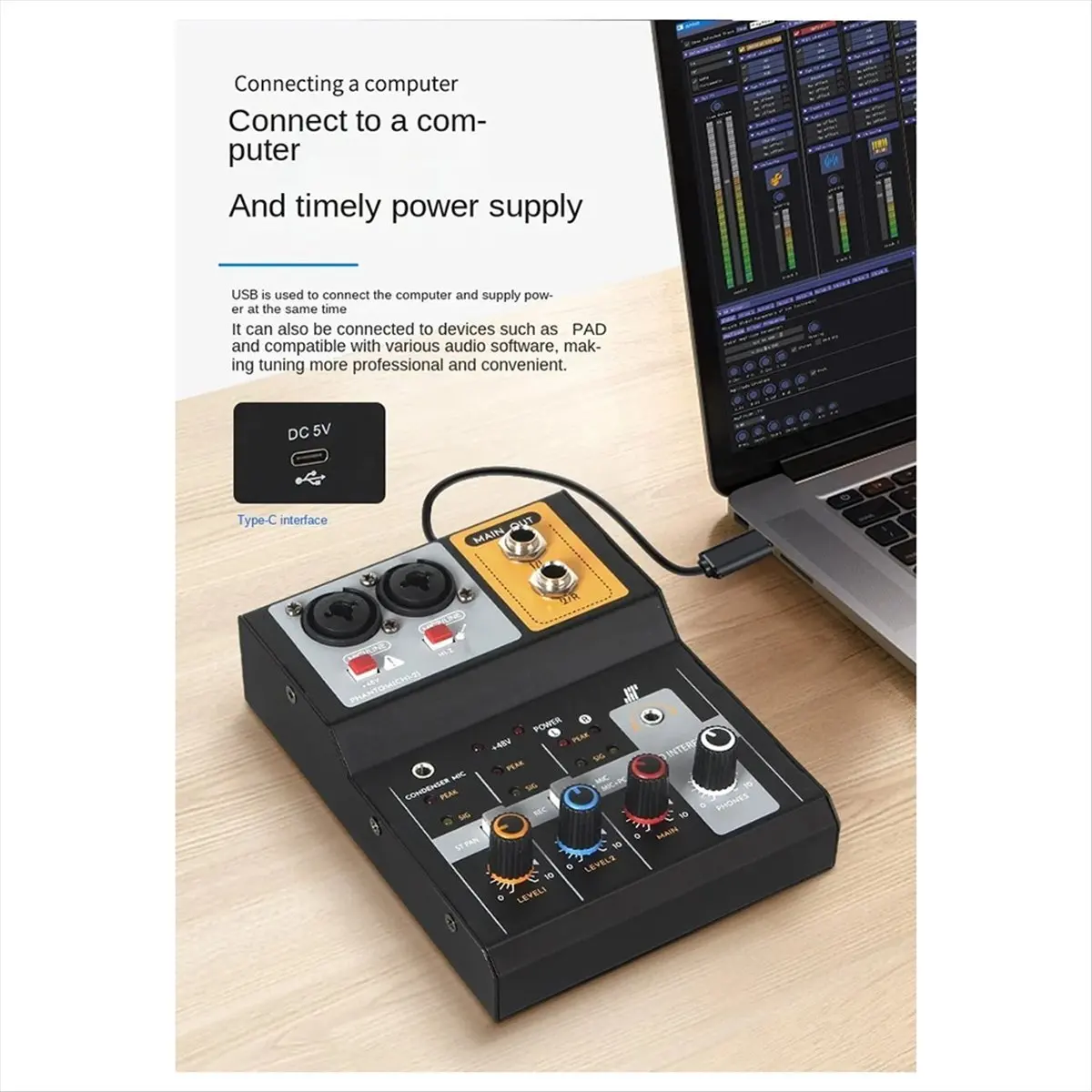 Portable 2-Way Recording Mixer USB Computer External Sound Card Live Karaoke DJ Mixer Audio Stage Small Mixing
