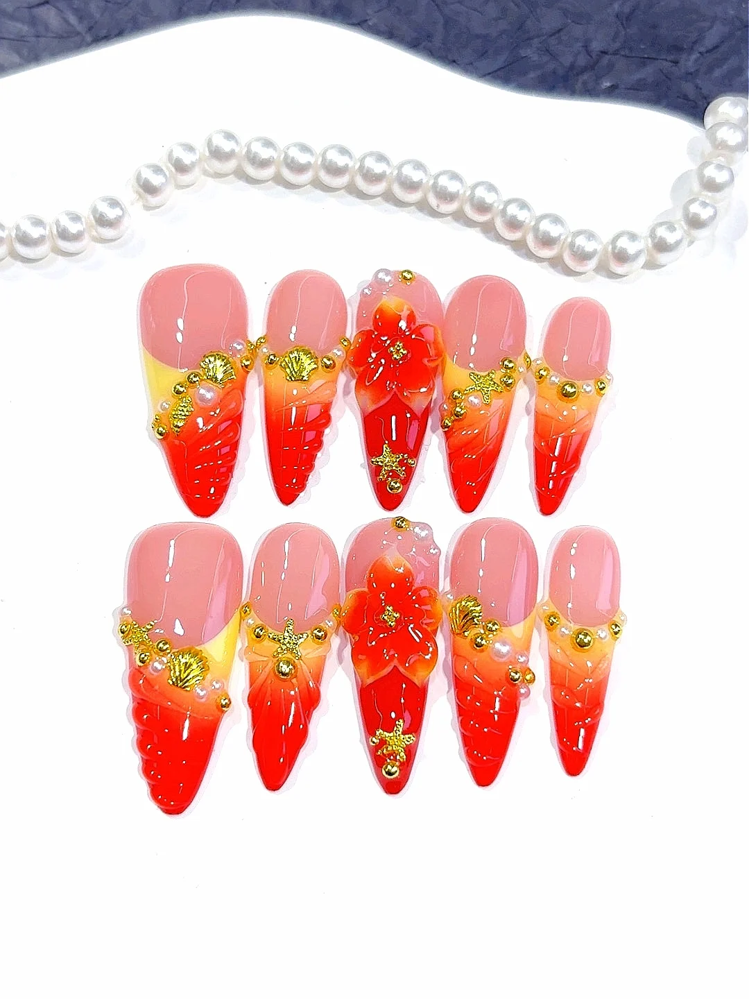 أحمر برتقالي أومبير ثلاثية الأبعاد زهرة نجم البحر شل الذهب لهجة اللوز الصحافة على الأظافر ، مجموعة الأظافر كاذبة اليدوية للنساء (D573)