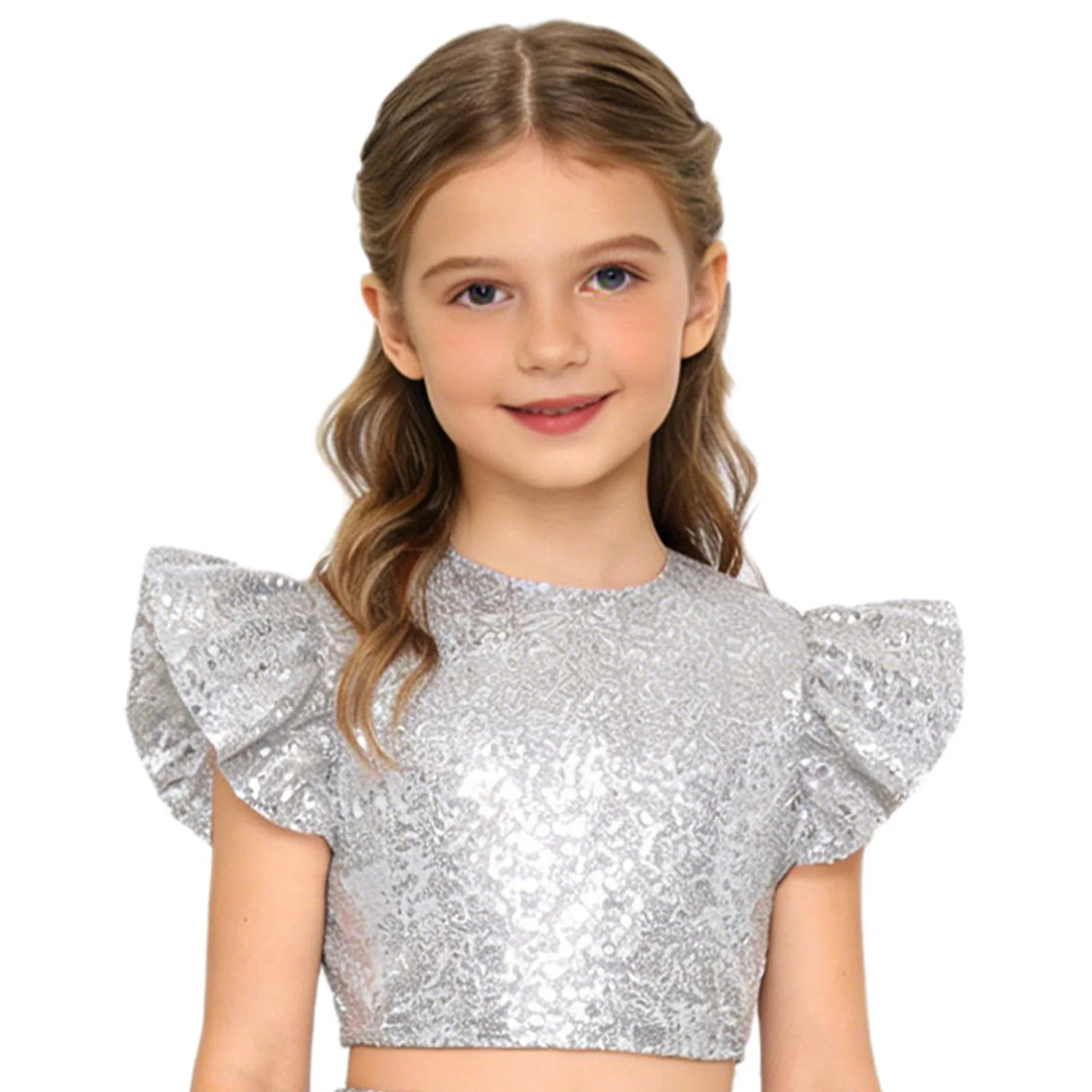 

Kids Girls Jazz Dance Tops Glittery Sequin Crew Neck Ruffled Fly Sleeve Back Hidden Zipper Fully Lined Blouse Crop Top Dancewear