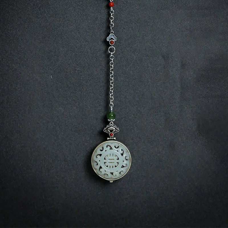 Original Natural Hotan Jade Round Ruyi Button Pendant Openable Vintage Long Chain Tassel 925 Silver Jewelry Hanfu Accessories