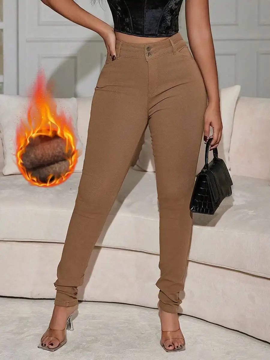 

Брюки с высокой талией, облегающие, с косыми карманами и флисовой подкладкой для холодной погоды