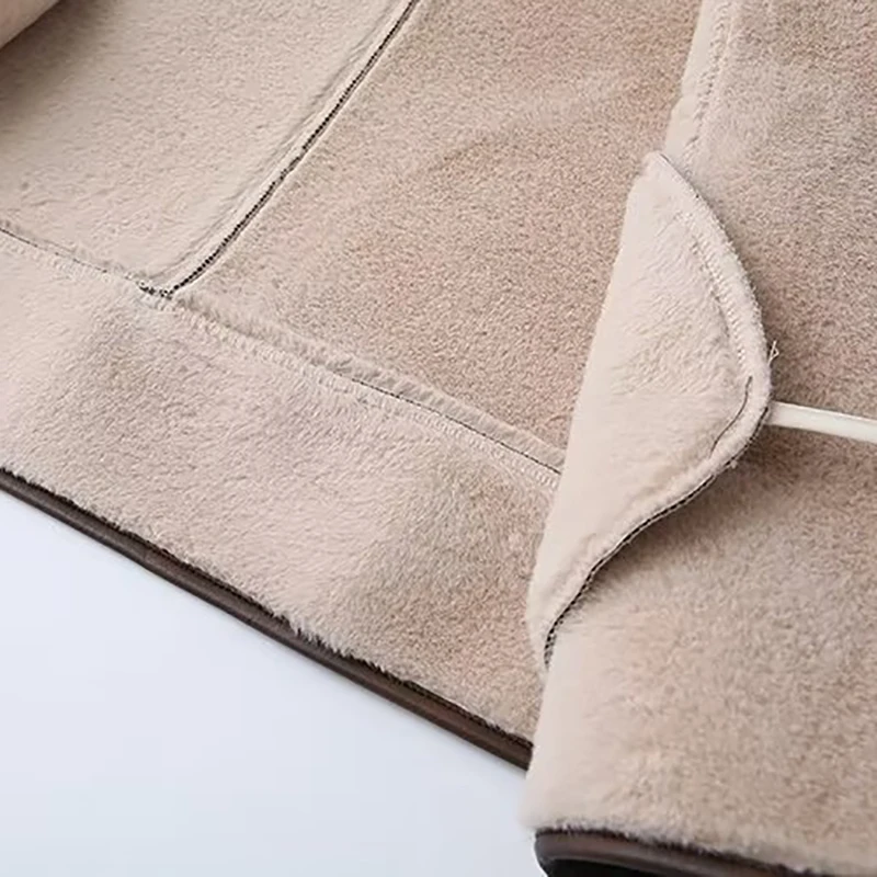 Winter Fake Cashmere PU Jacket For Women V-neck With Belt Spliced Warm Overcoat American Fashion High Street Thicke Coat