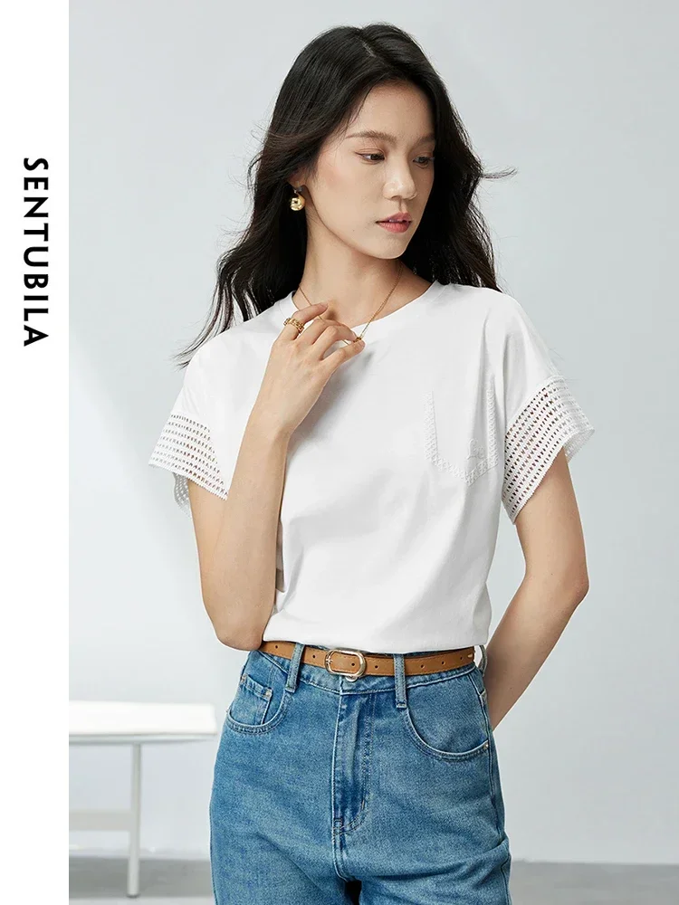 SENTUBILA Women Simple White T-shirts Summer Tops 2024 Fashion Casual Hollow Out Short Sleeve Round Neck Woman Tees 142T54105