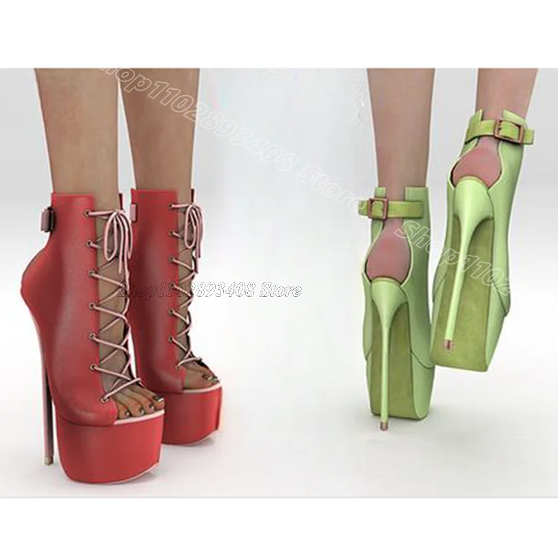 

Red Lace up Platform Sandal Boots Stiletto Open Toe Ankle Buckle Sweet Style Fashion Women Summer Shoes 2024 Zapatos Para Mujere