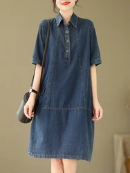 2024 Summer New Korea Woman Dress Vestidos Robe Elbise Loose Plus Size Fashion Polo Short Sleeve Denim Dresses