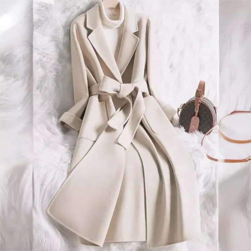 Women's 2025 New Beige Double-Sided Cashmere Coat - Mid-Length Slim-Fit Elegant Woolen Outerwear | Autumn & Winter Cross-Border