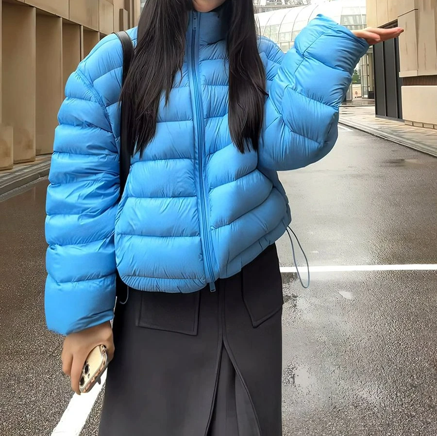 Col montant bleu court coton vêtements vêtements pour femmes hiver 2025 nouveau tempérament mince polyvalent pain vêtements veste