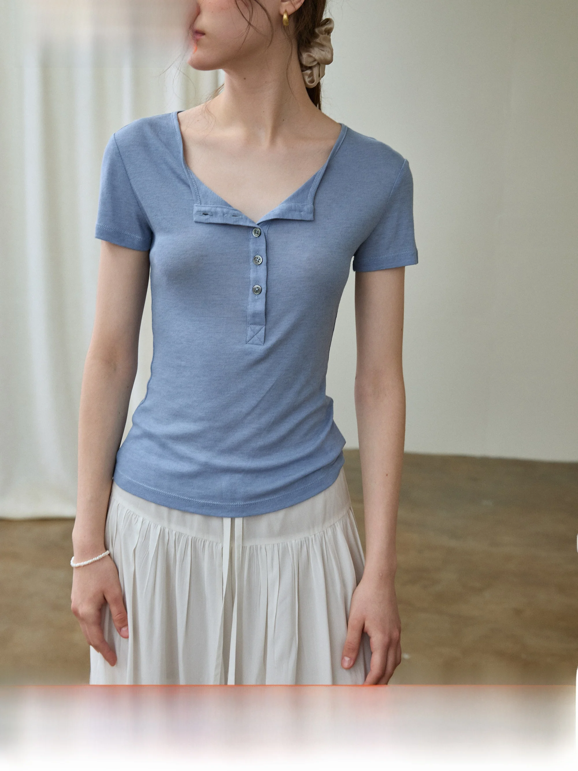 Xumooxii Silk Lenzing Blue Henry Collar Short Sleeve Casual Thin Summer Top Women's Commute Friendly T-Shirt Straight Cut Fit