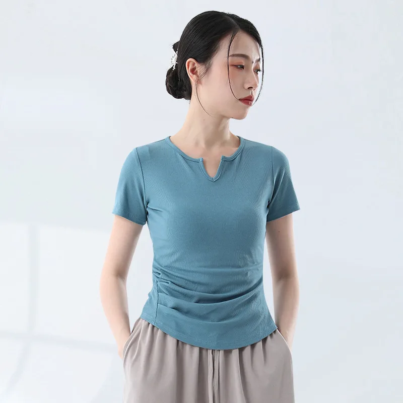 

New Dance Classical Dance Yoga Clothing V-neck Tops Short-sleeved Slim Body Training Chinese Dance Daily Practice Clothing