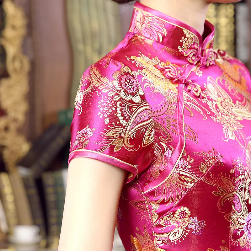 

Chinese Traditional Mandarin Collar Qipao Dresses Long Cheongsam Lady Sexy Elegant Satin Vestidos Oriental Bride Wedding Dress