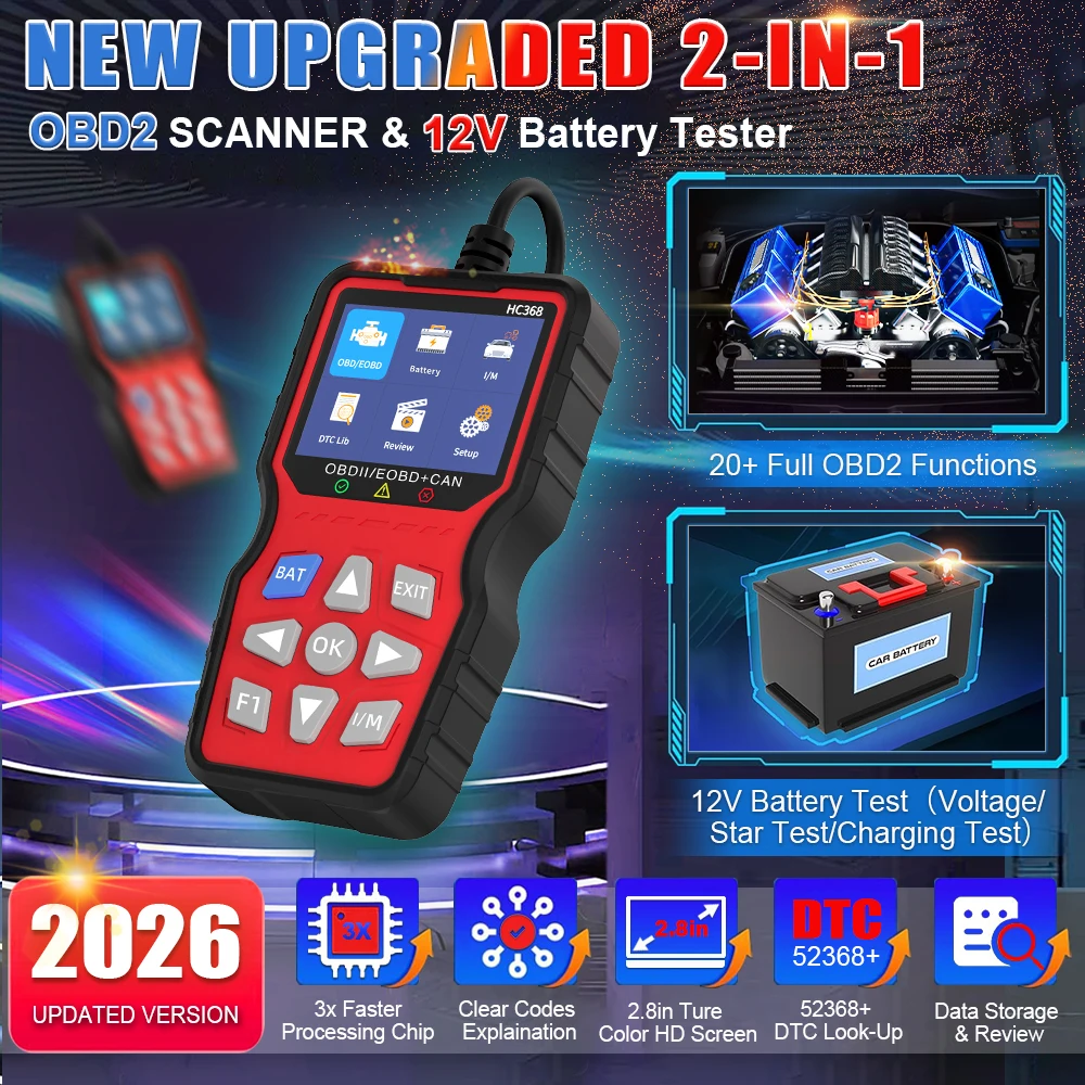 Car Fault Code Reader HC368 OBD2 Scanner EOBD CAN Diagnostic Tool with Battery Tester for 12V Cars Since 1996
