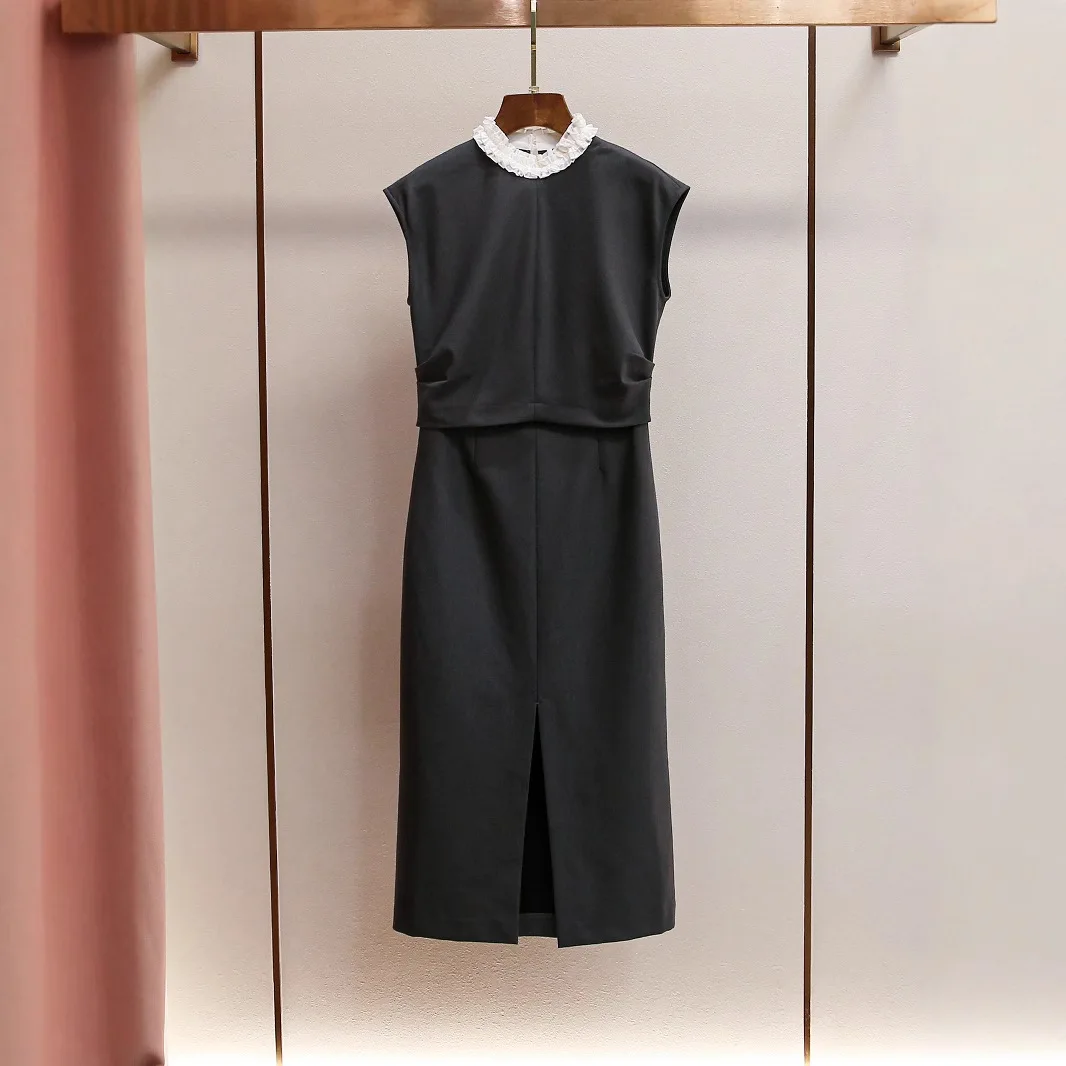 

Элегантный весенний новый винтажный комплект высокого качества: простой жилет с кружевным воротником и юбка с разрезом, женский повседневный спортивный костюм