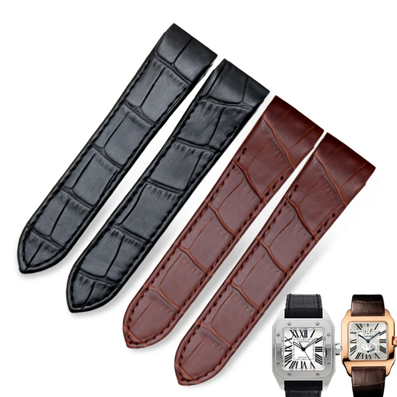 Cowhide wristband Replacement for Cartier Santos 100 W20106x8 W20073X8 Men Women\'s  Folding Buckle Watch Strap 20mm 23mm