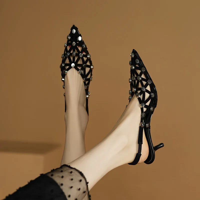 Genuine Leather Hollow Rivets Sandals for Women Black Slingback High Heels Sandals 2025 Summer New Party Office Flats Shoes