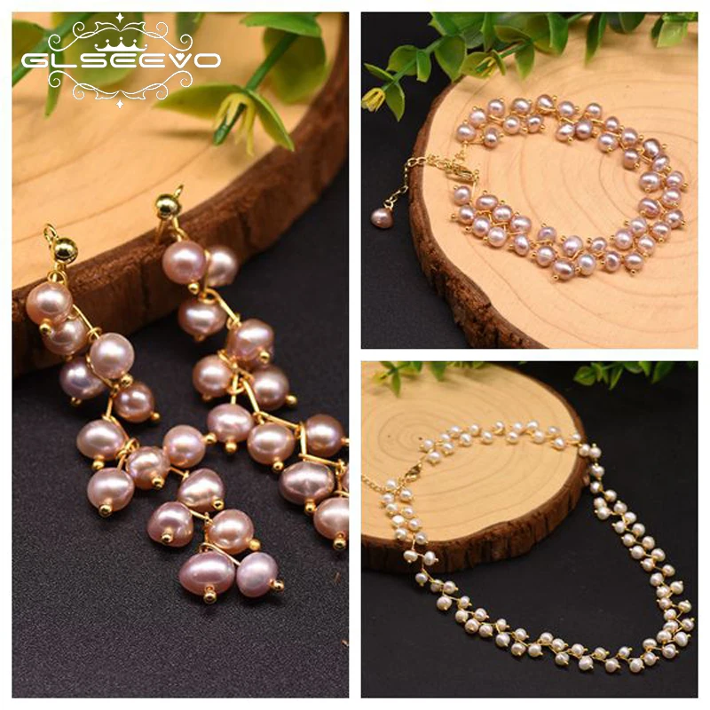 

GLSEEVO Natural Pearls Drop Earrings Bracelet Necklace set Trend Fashion Luxury Minimalism Woman Jewelry Betrothal Banquet Gift