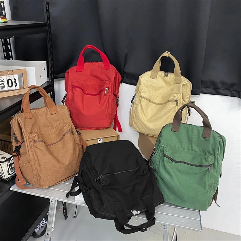 New Solid Color Women Canvas Backpack Vintage School Bag for Teenage Girl 2024 Outdoor Travel Handbag Purses Book Bag Rucksack