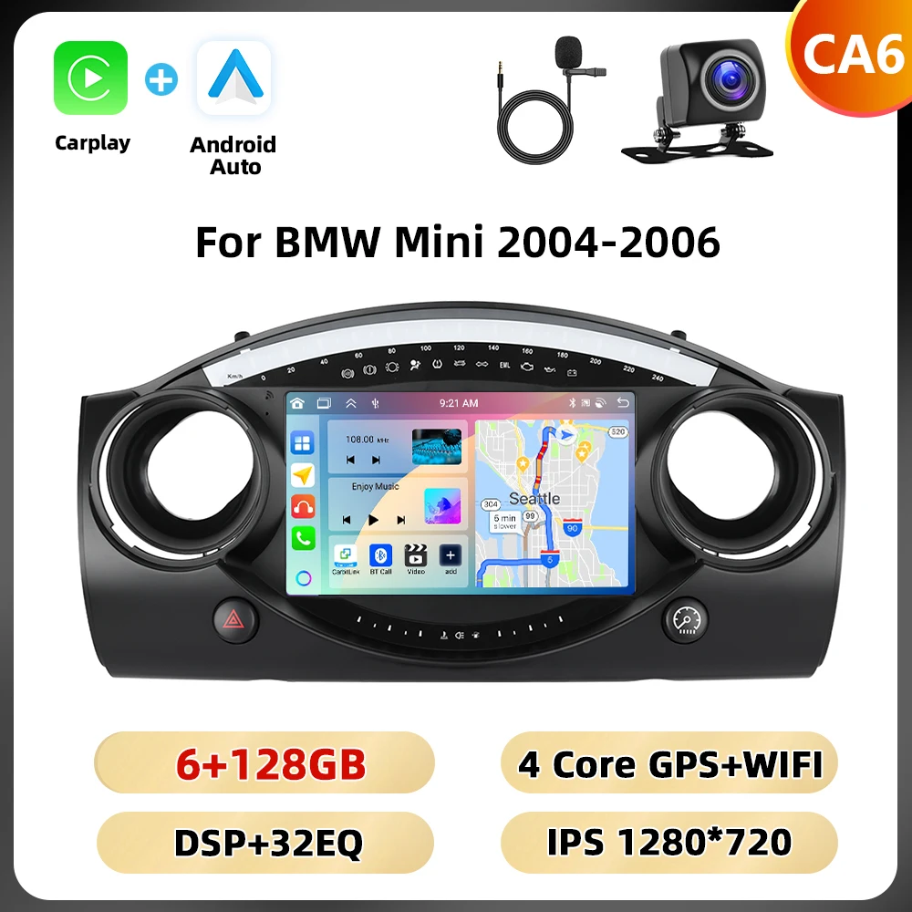 Podofo 8+128G 8-core autoradio voor BMW Mini 2004-2006 multimediaspeler Android Auto Carplay WIFI 4G Qualcomm AI spraakbesturing auto-audio
