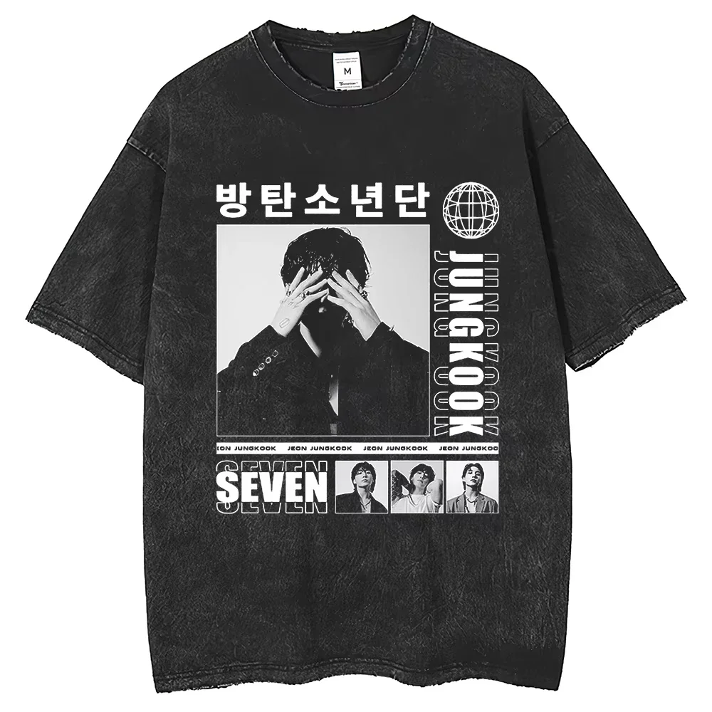 2024 الصيف الرجال والنساء غسلها الهيب هوب قمة خمر الكورية موضة الذكور المغني تي شيرت القطن الجولة الرقبة عادية ShortAutumn