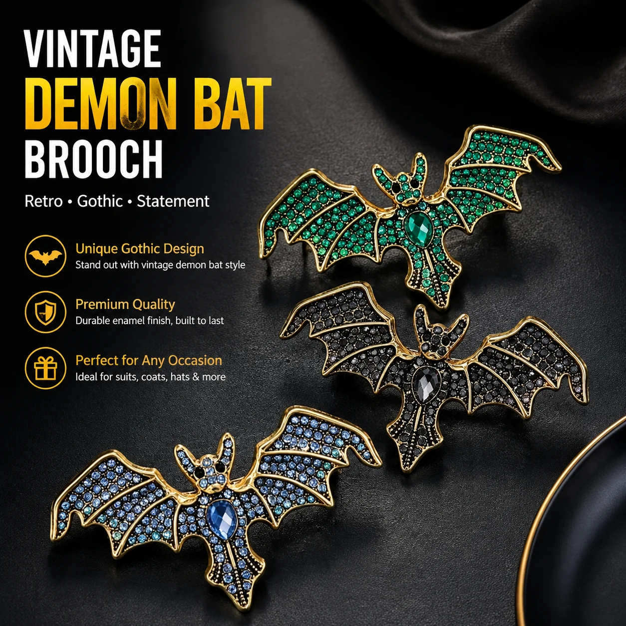 Vintage Demon Bat Brooch Retro Animal Enamel Pin for Men Women Suit Coat Decor Wholesale Gothic Black Bat Badge