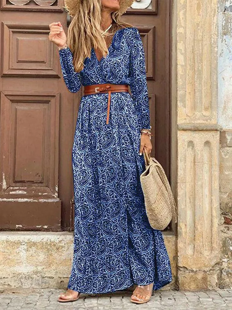 Robe sexy à manches longues pour femmes, col en V, ourlet fendu, imprimé floral décontracté, style bohème, mode, automne, hiver, nouveau