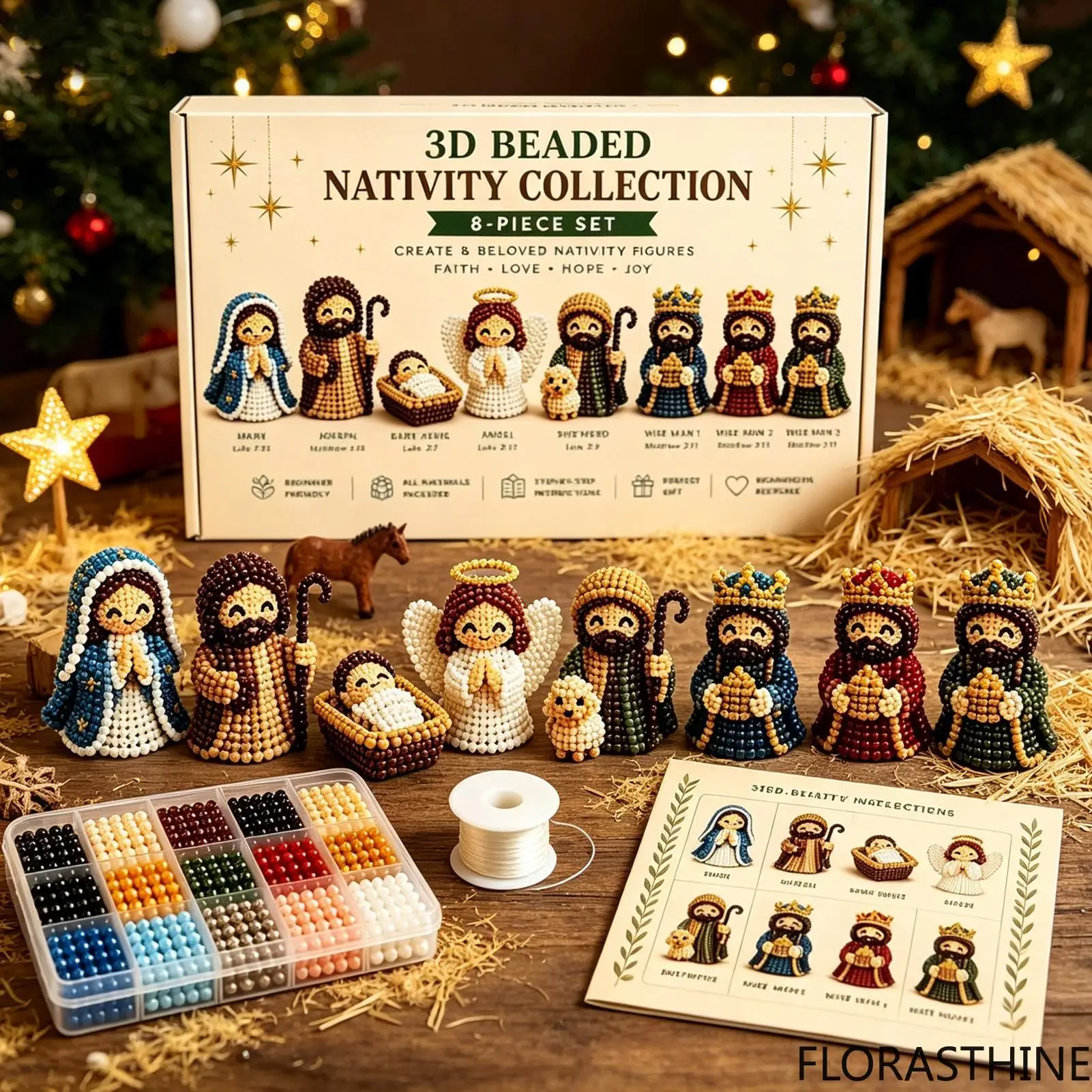 Nativity Bead Craft Kit 3D Beaded Craft Figurines Decor Beading Figures Christmas Kit for Men Women Adults Dad Wife Husband