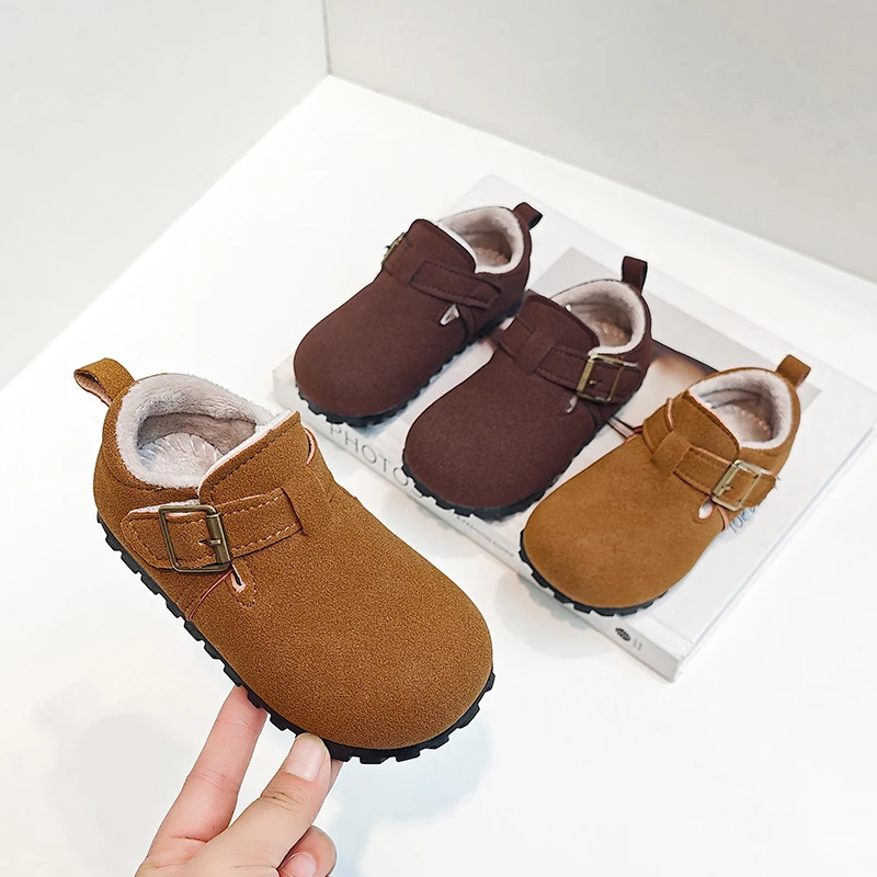 

Winter Children's Flat Shoes New Hot Sale Girls Fashion Cotton Shoes Warm Simple Solid Color Kids Furry Plush Shoes Hook Loop