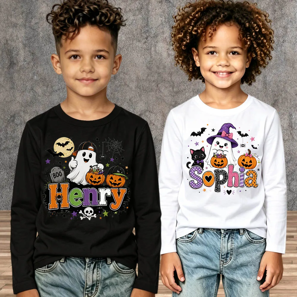 Custom Kids Name Children Halloween Shirt Ghost Pumpkin Graphic Cotton Long Sleeve Toddler Boys Girls Holiday Party T‑Shirt