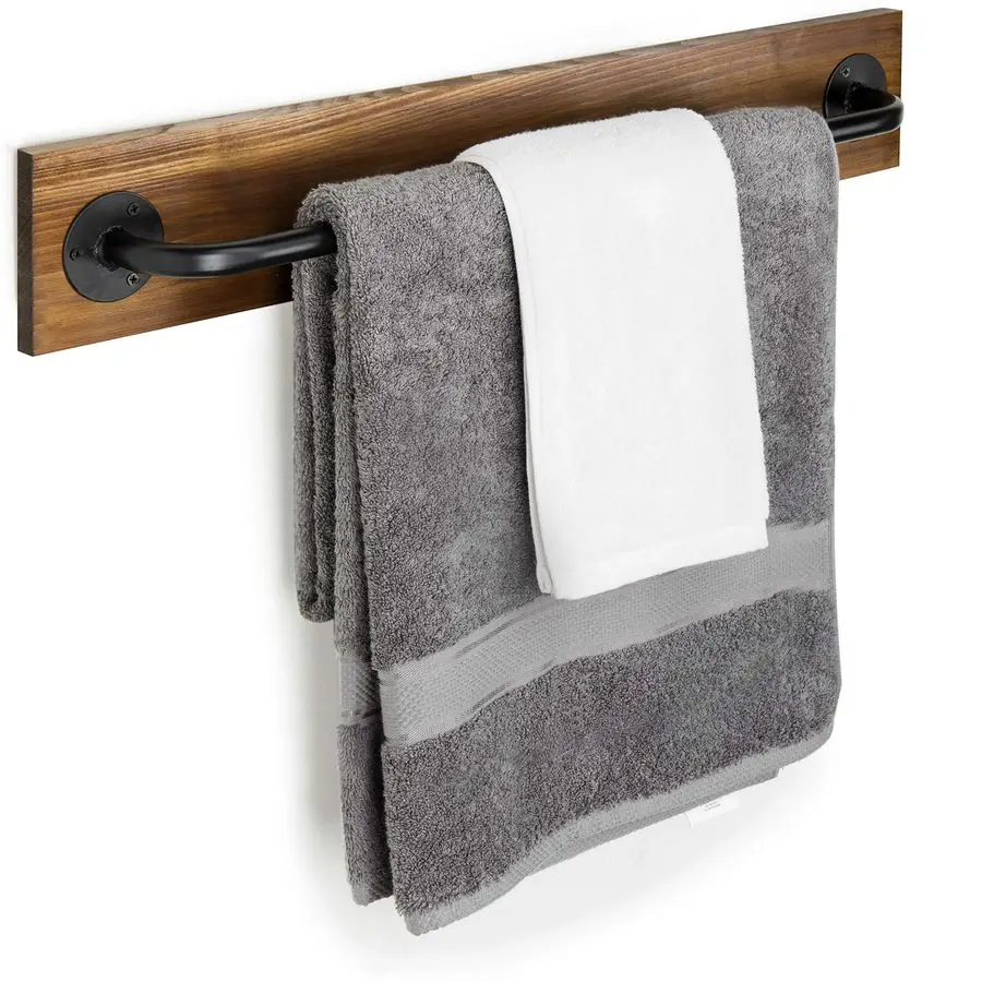 

Industrial Pipe Towel Bar, 28 Inch Bathroom Wall Mounted Towel Holder with Metal Rod Rustic Burnt Wood Bathroom Sets, Farmhouse
